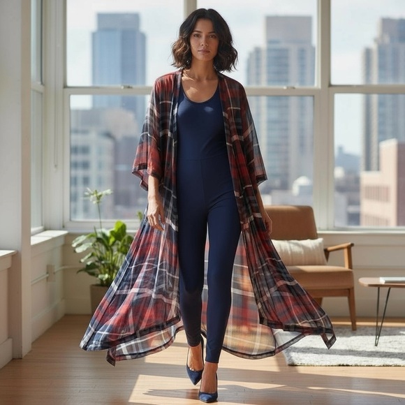 TORRID 0 0X XL Red Blue White Black Plaid Long Kimono Tunic R $69 - Picture 3 of 13